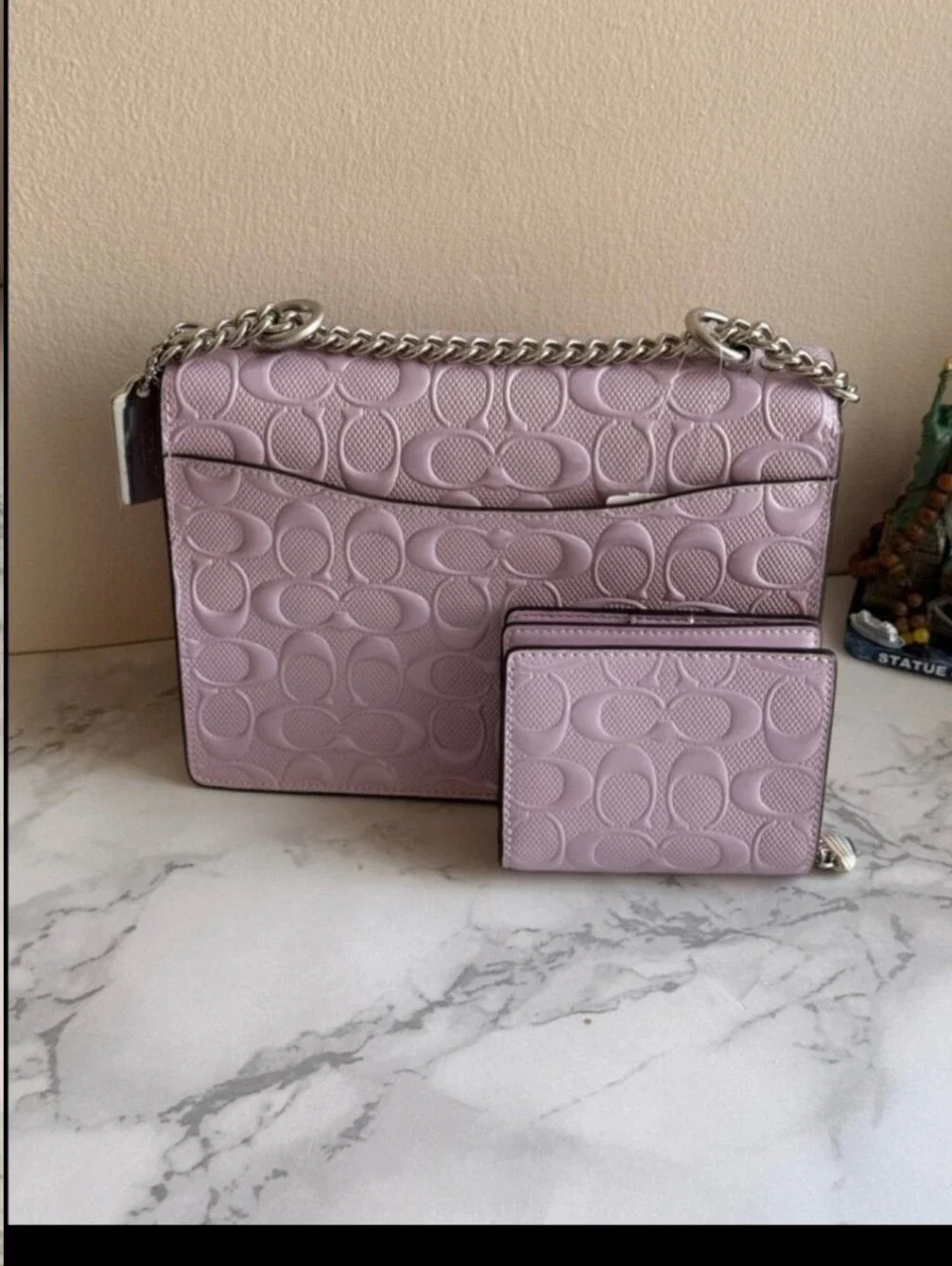 Coach Klare Crossbody In Signature Leather Silver/Light Violet and wallet